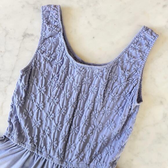 Vintage 80s 90s Periwinkle Sleeveless Romper Floral Embroidery + Pockets / S M - Picture 2 of 10